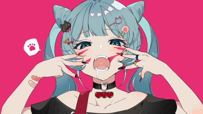 1girl animal_(vocaloid) aqua_eyes aqua_hair bandaid bandaid_on_arm bandaid_on_wrist bare_shoulders black_shirt blunt_bangs bow cat_hair_ornament choker cone_hair_bun double_bun double_w drooling facepaint facial_mark fangs fingernails hair_bow hair_bun hair_ornament hatsune_miku heart heart_choker heart_in_mouth heart_o-ring highres jewelry long_fingernails middle_w multicolored_eyes multiple_rings nail_art o-ring off-shoulder_shirt off_shoulder official_art omutatsu open_mouth paw_hair_ornament pink_background ring saliva shirt sidelocks simple_background slit_pupils speech_bubble spoken_paw_print strap_slip twintails vocaloid w w_over_face whisker_markings whisker_pose yellow_eyes