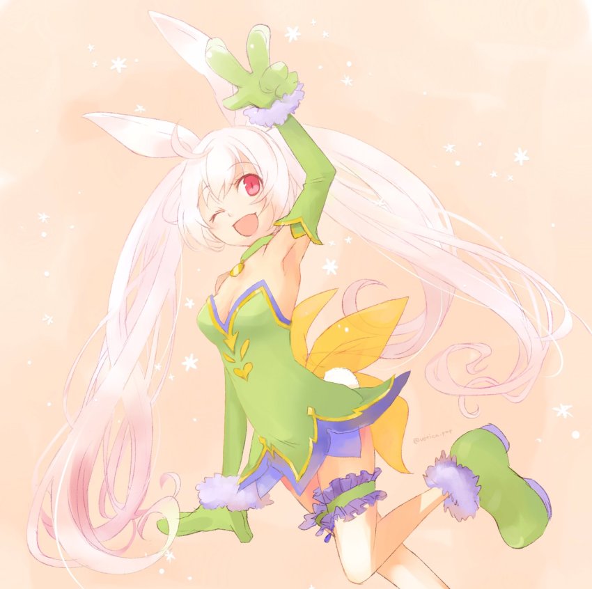 1girl animal_ears blush dress fairy_wings female_focus highres kirara_ookami long_hair one_eye_closed pink_hair pop-up_story rabbit_ears rabbit_girl rabbit_tail red_eyes smile solo tail twintails vetica white_hair wings