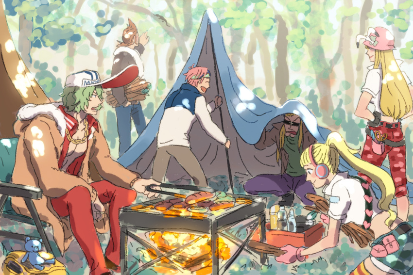 2girls 4boys bird blonde_hair bottle brown_coat brown_hair chain chain_necklace closed_mouth coat cooking fire firewood food forest gloves green_hair green_shirt hand_on_own_hip hat headphones helmeppo hibari_(one_piece) highres jewelry koby_(one_piece) kujaku_(one_piece) long_hair medium_hair mocchi_(mkz) multiple_boys multiple_girls nature necklace one_piece open_clothes open_mouth outdoors peaked_cap pink_gloves pink_hair pink_headwear ponytail prince_grus red_shirt sausage scissors seagull shirt short_hair sitting smile standing stuffed_animal stuffed_toy sunglasses teddy_bear tent water_bottle white_shirt x_drake