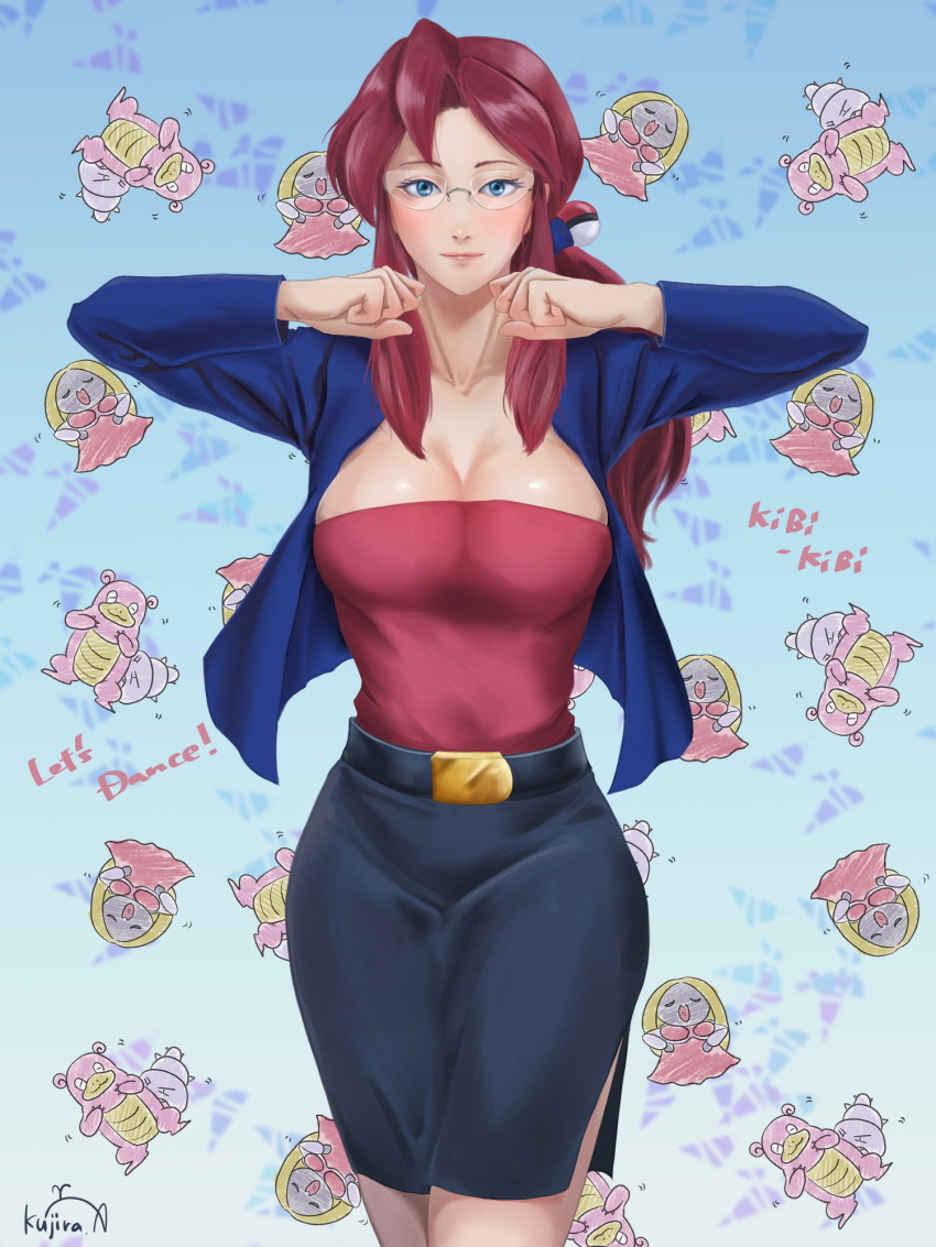1girl akishima_kujira belt belt_buckle black_belt black_skirt blue_background blue_eyes blue_jacket blush breasts buckle cleavage clenched_hands closed_mouth commentary_request eyelashes gen_1_pokemon glasses hands_up highres jacket jynx large_breasts long_hair long_sleeves looking_at_viewer lorelei_(pokemon) mochi_mochi_dance nintendo open_clothes open_jacket pokemon pokemon_(anime) pokemon_(classic_anime) red_hair shirt side_slit sidelocks signature skirt slowbro strapless strapless_shirt