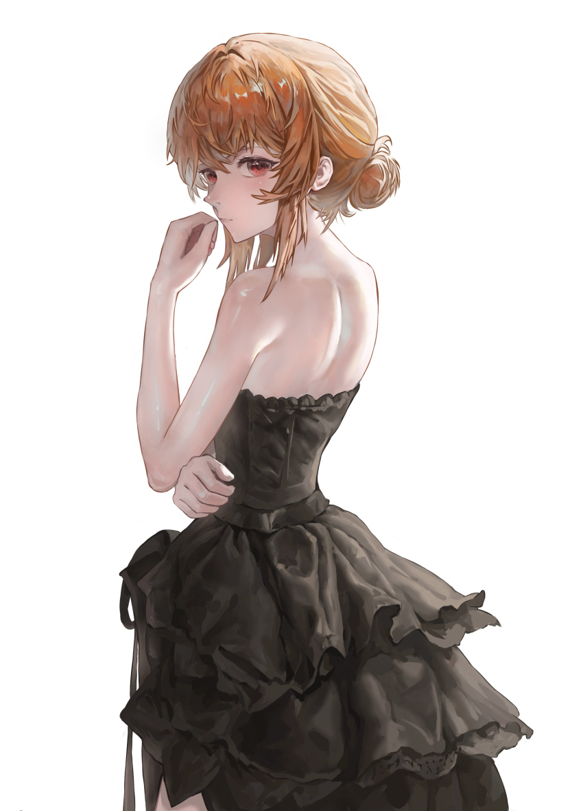 1girl absurdres back bare_arms bare_shoulders bbl black_dress brown_hair dress from_side hair_bun hand_up highres layered_dress looking_at_viewer orange_eyes original profile short_hair solo strapless strapless_dress upper_body white_background