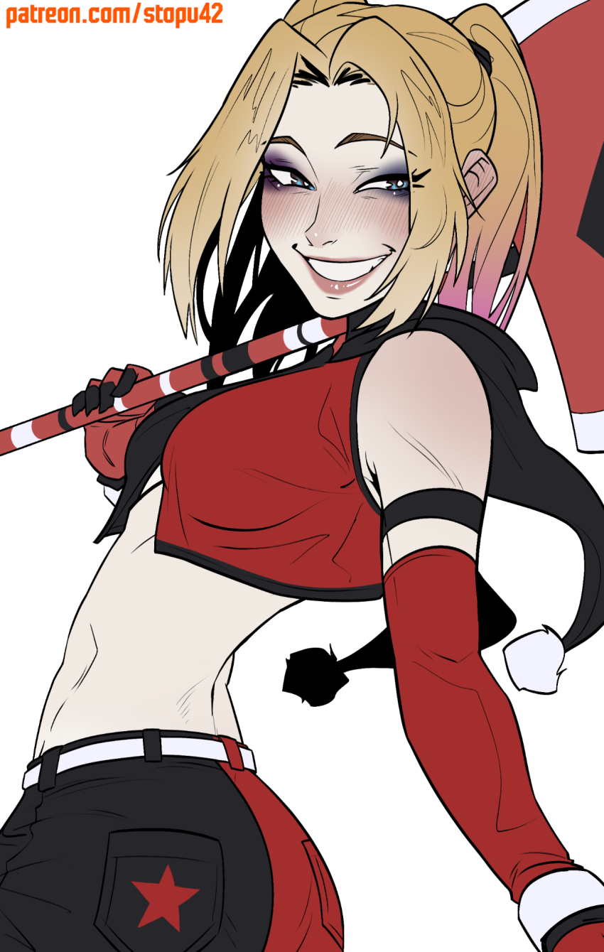 1girl ass bare_shoulders belt black_tank_top blonde_hair blue_eyes blush breasts cowboy_shot dc_comics detached_sleeves eyelashes eyeliner from_side gloves gradient_hair half-closed_eyes hammer harley_quinn highres holding holding_hammer lips looking_at_viewer makeup medium_breasts midriff multicolored_hair nose open_mouth over_shoulder patreon_username pink_hair red_gloves red_shorts red_sleeves red_tank_top shorts sidelocks simple_background smile solo star_(symbol) stopu tank_top teeth twintails two-tone_shorts two-tone_tank_top weapon weapon_over_shoulder white_background white_belt white_shorts