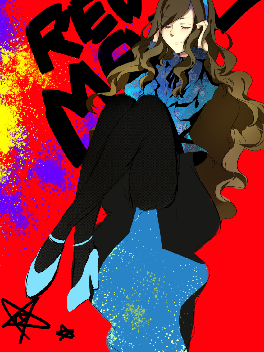 1girl brown_hair collared_shirt dark_persona fishnet_pantyhose fishnets formal_clothes gravity_falls hairband high_heels highres hokima long_hair mabel_gleeful mabel_pines pantyhose shirt