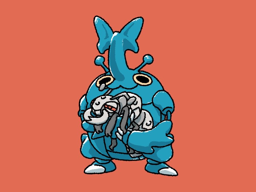 00tamakichi :3 ant antennae blue_skin bug claws colored_sclera colored_skin durant full_body gen_2_pokemon gen_5_pokemon heracross highres holding horns insect looking_ahead mandibles narrowed_eyes nintendo no_humans orange_background pokemon pokemon_(creature) red_sclera simple_background standing