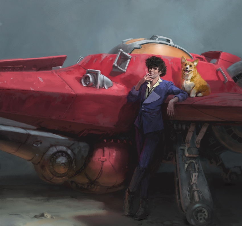 1boy black_hair blue_jacket blue_pants blue_suit boots cigarette collar cowboy_bebop crossed_legs dog ein_(cowboy_bebop) formal_clothes full_body grey_background highres jacket looking_at_viewer loose_necktie male_focus messy_hair mx_mott necktie pants photoshop_(medium) realistic science_fiction sleeves_rolled_up smoke smoking spacecraft spike_spiegel standing starfighter suit swordfish_ii watson_cross wing_collar