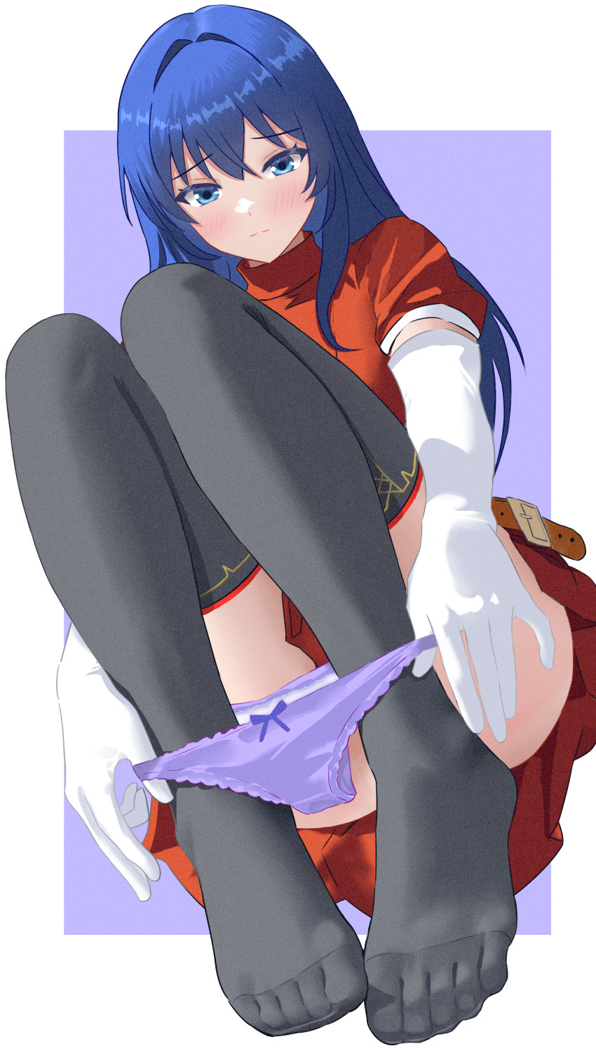 1girl absurdres belt black_thighhighs blue_hair border caeda_(fire_emblem) closed_mouth commission convenient_leg dress elbow_gloves feet fire_emblem full_body gloves hair_intakes highres knees_up kyoichi long_hair looking_at_viewer nintendo no_shoes orange_dress panties panty_pull pleated_dress purple_background short_sleeves sidelocks skeb_commission solo thighhighs toenails toes underwear white_border white_gloves