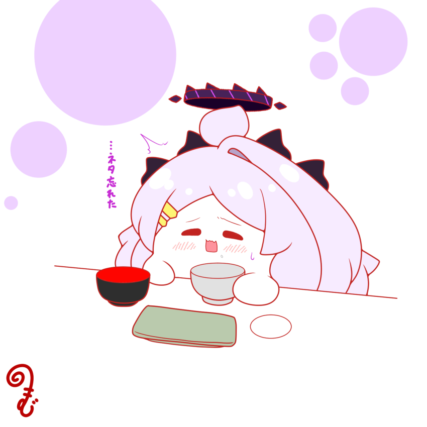 ^^^ ahoge blue_archive blush bowl chibi chopsticks closed_eyes facing_viewer food food_on_face grey_hair hair_ornament hairclip halo highres hina_(blue_archive) holding holding_bowl holding_chopsticks horns kurukurumagical long_hair parted_bangs plate rice rice_bowl rice_on_face single_hair_intake solo sweat translation_request upper_body white_background