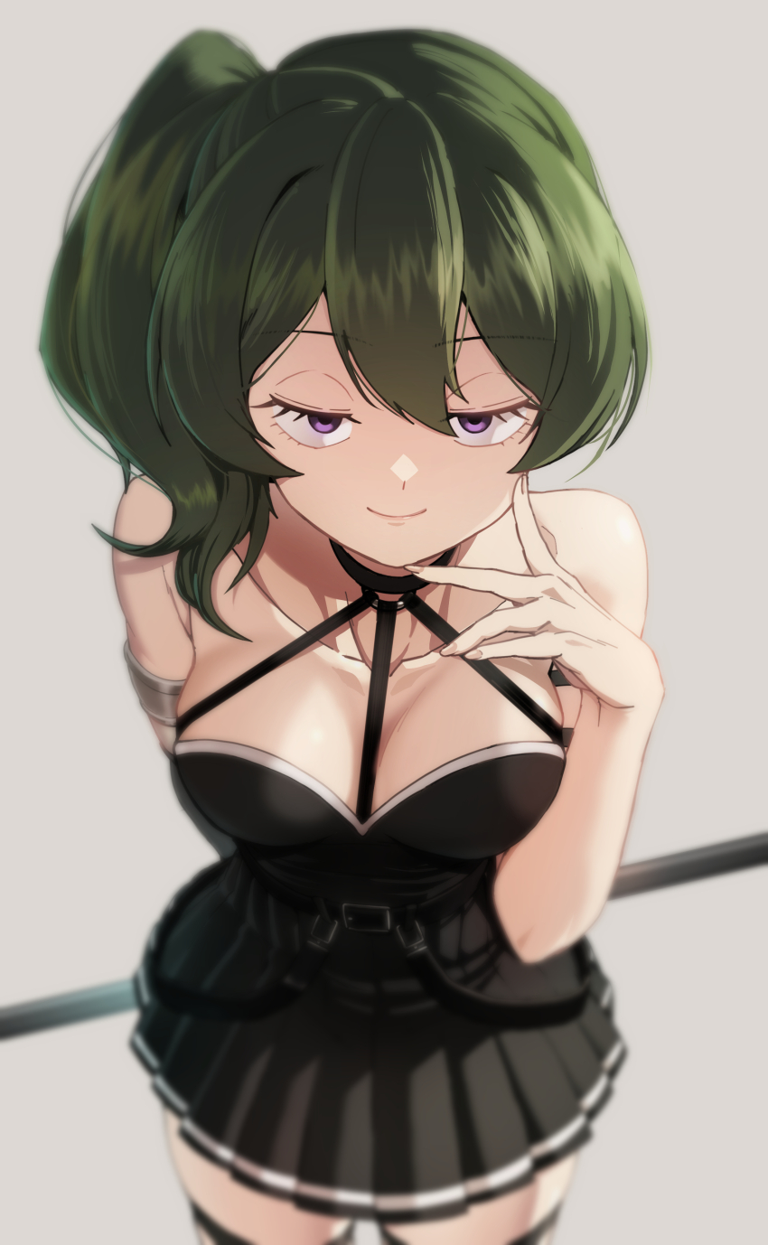 1girl absurdres black_dress breasts dress green_eyes halterneck heydove highres light_smile looking_at_viewer medium_breasts pleated_dress purple_eyes short_dress side_ponytail sleeveless sleeveless_dress solo sousou_no_frieren ubel_(sousou_no_frieren)