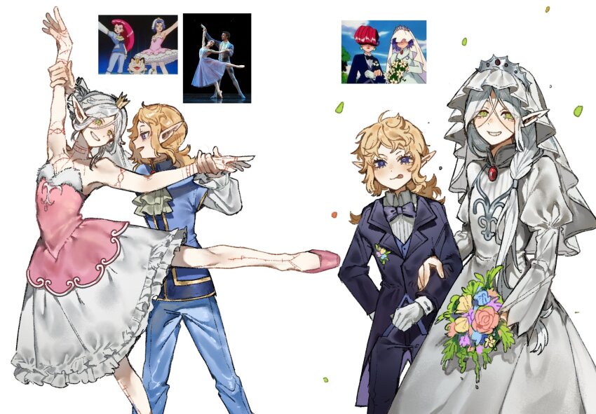 1boy 1girl :p alternate_costume alternate_hairstyle androgynous arm_tattoo arm_up ascot ballet_slippers blonde_hair blue_bow blue_bowtie blue_coat blue_jacket blue_pants blue_suit bouquet boutonniere bow bowtie bridal_veil chest_tattoo coat collared_dress cosplay cowboy_shot crossdressing crown dancing dress dungeon_meshi elf eye_contact fleki flower formal_clothes frilled_skirt frilled_sleeves frills full-body_tattoo fur-trimmed_dress fur_trim gloves green_eyes grey_hair grin highres holding holding_bouquet jacket james_(pokemon) james_(pokemon)_(cosplay) jessie_(pokemon) jessie_(pokemon)_(cosplay) juliet_sleeves leg_tattoo leg_up long_hair long_sleeves looking_at_another looking_at_viewer low_side_ponytail lycion medium_hair mini_crown multiple_views neck_tattoo notched_ear nova_1810 open_mouth outstretched_arm pants photo_inset pink_dress pink_shoes pointy_ears puffy_sleeves purple_eyes reference_inset shoes side_ponytail simple_background skirt smile standing strapless strapless_dress suit tattoo tongue tongue_out veil wedding_dress wedding_suit white_ascot white_background white_dress white_gloves white_skirt