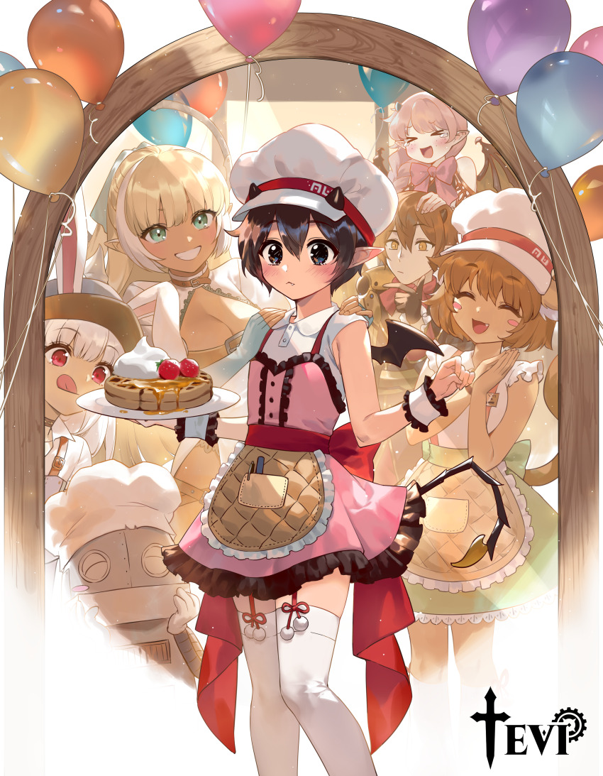 &gt;_&lt; 2boys 4girls :&lt; :d :q absurdres animal_ears apron artist_request balloon black_eyes black_hair blonde_hair blush blush_stickers breasts brown_eyes brown_hair cat_ears cat_girl celia_(tevi) check_artist cleavage closed_eyes closed_mouth copyright_name crossdressing cyril_(tevi) demon_boy demon_horns demon_tail demon_wings dress ein_lee fang fang_out food freckles green_eyes grin hat highres holding holding_plate horns large_breasts long_hair maid mia_(tevi) mirror multiple_boys multiple_girls open_mouth pink_dress pink_hair plate pointy_ears red_eyes sable_(tevi) sabrina_(tevi) second-party_source short_dress short_hair sleeveless sleeveless_dress smile tail teeth tevi tevi_(character) thighhighs tongue tongue_out trap waffle waist_apron white_hair white_hat white_thighhighs wings wrist_cuffs