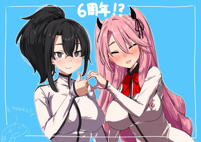 2girls absurdres andou_you bad_source black_eyes black_hair black_horns black_ribbon black_scrunchie blush bow bowtie breasts bright_pupils closed_eyes closed_mouth fang glasses hair_between_eyes hair_ornament hair_ribbon hair_scrunchie heart_hands_failure highres horns large_breasts long_hair multiple_girls open_mouth original pink_hair ponytail red_bow red_bowtie ribbon school_uniform scrunchie smile thumbs_up upper_body white_pupils