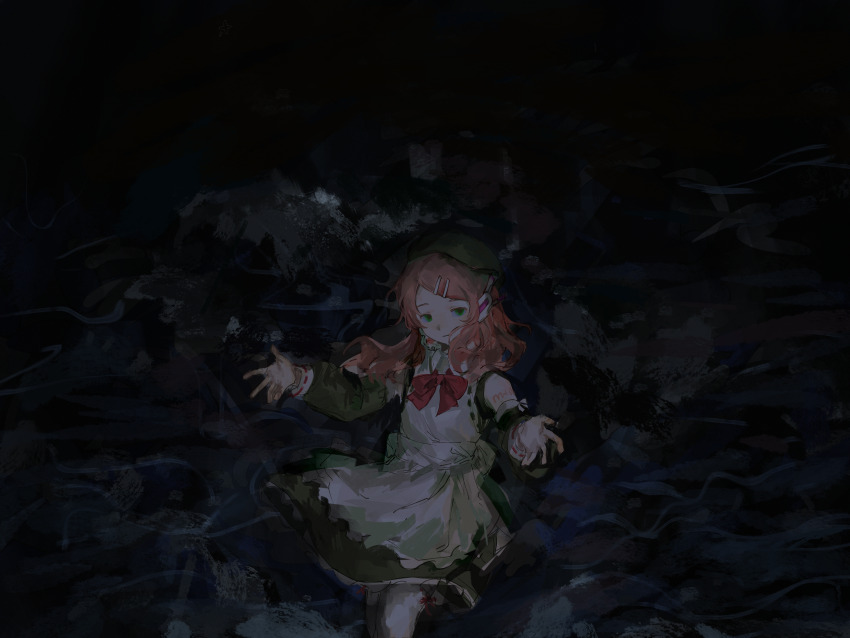 1girl absurdres apron beckoning beret bow bowtie closed_mouth dark detached_sleeves dress feet_out_of_frame floating_hair green_dress green_eyes green_hat green_sleeves hat highres light_smile long_hair long_sleeves looking_at_viewer momone_momo night outdoors outstretched_arms pink_hair red_bow red_bowtie short_dress sleeveless sleeveless_dress solo swept_bangs utau waves white_apron yosan_(yosan1130)