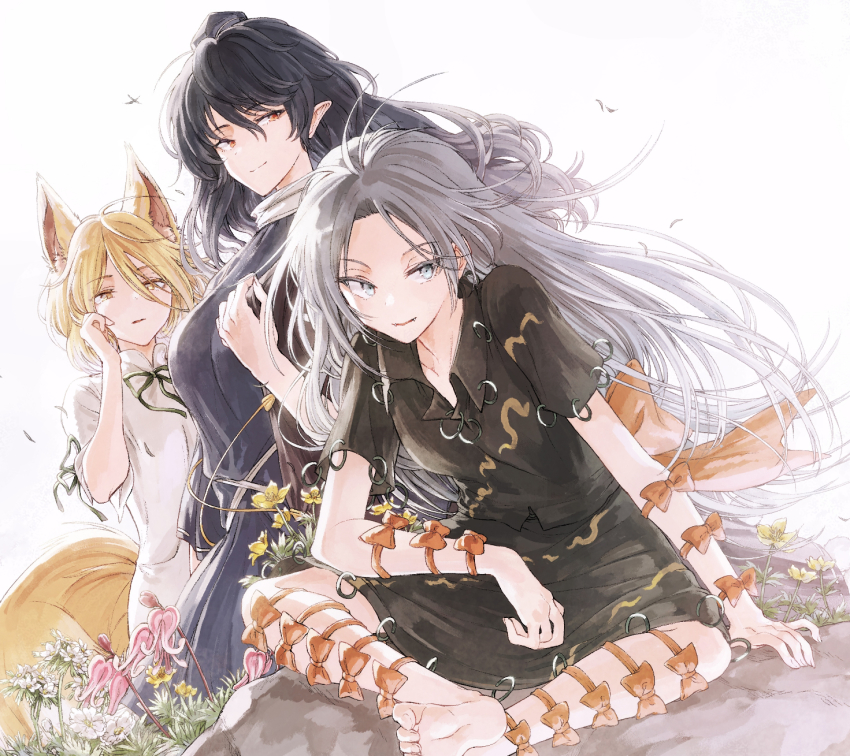 3girls animal_ears arm_ribbon barefoot black_hair black_shirt black_skirt blonde_hair blue_dress blue_eyes bow collared_shirt dress fangs feet fingernails flower fox_girl green_bow grey_hair hat highres himemushi_momoyo hisona_(suaritesumi) iizunamaru_megumu jewelry kudamaki_tsukasa leg_ribbon long_hair mandarin_collar multiple_girls orange_bow orange_eyes pointy_ears ribbon ring rock romper shirt short_hair sitting skirt skirt_set slit_pupils standing tail tokin_hat touhou unconnected_marketeers white_background white_romper yellow_eyes