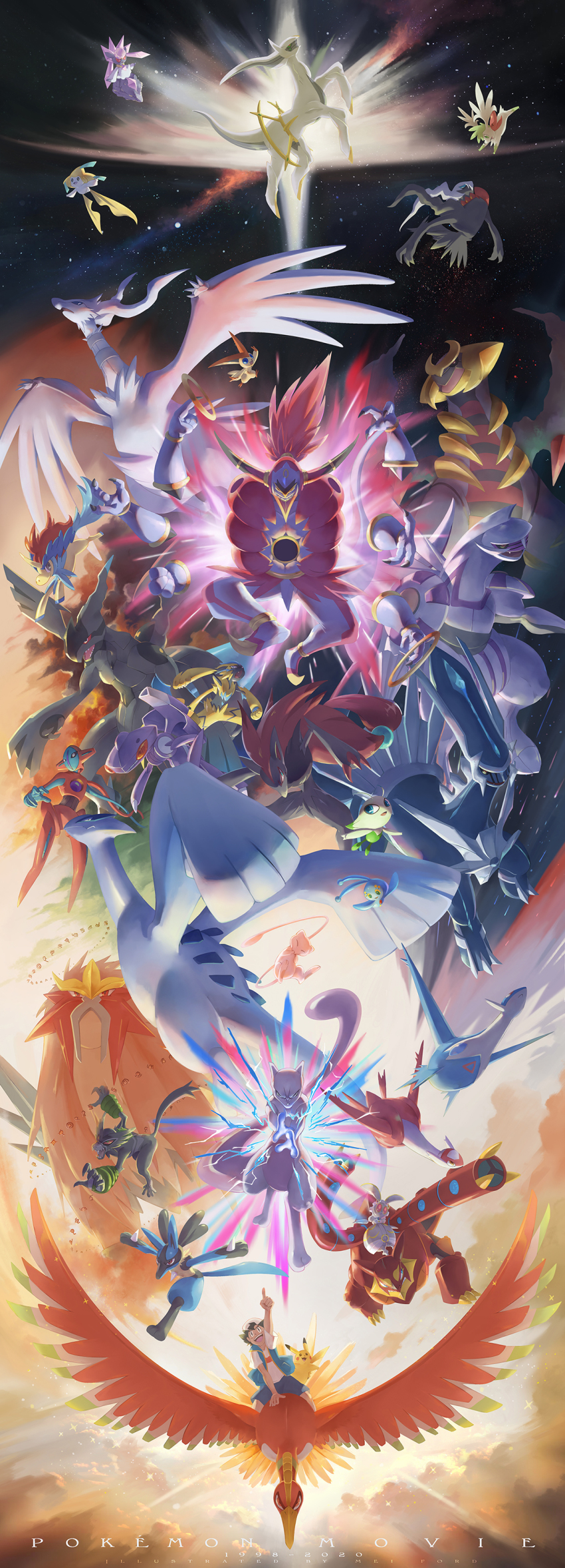 1boy absurdres arceus artist_name ash_ketchum baseball_cap black_hair blue_shorts blue_vest celebi commentary_request darkrai dated deoxys deoxys_(normal) dialga diancie duplicate english_text entei flying gen_1_pokemon gen_2_pokemon gen_3_pokemon gen_4_pokemon gen_5_pokemon gen_6_pokemon gen_7_pokemon gen_8_pokemon genesect giratina group_picture hat highres ho-oh hoopa hoopa_(unbound) jirachi keldeo keldeo_(ordinary) latias latios legendary_pokemon lugia magearna magearna_(normal) manaphy mei_ford mew_(pokemon) mewtwo mythical_pokemon nintendo palkia pikachu pixel-perfect_duplicate pointing pointing_up pokemon pokemon_(anime) pokemon_(creature) pokemon_journeys reshiram riding riding_pokemon shaymin shaymin_(sky) shirt shorts spiked_hair star_(sky) vest victini volcanion white_shirt zarude zekrom zeraora