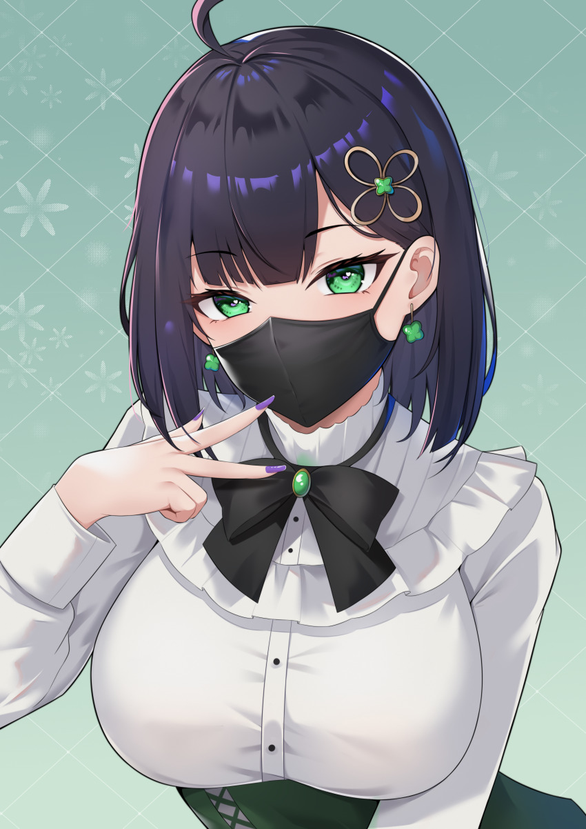 1girl absurdres ahoge black_bow black_bowtie black_hair black_mask bow bowtie breasts chinese_commentary clover clover_hair_ornament commentary_request earrings four-leaf_clover_earrings four-leaf_clover_hair_ornament gradient_background green_background green_eyes hair_ornament highres jewelry large_breasts long_sleeves looking_at_viewer maiduo mask medium_hair mouth_mask purple_nails sengluo_sang shirt short_hair solo upper_body w white_shirt