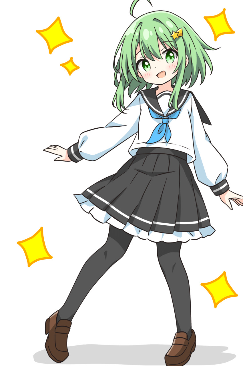 1girl :d ahoge black_pantyhose black_sailor_collar black_skirt blue_neckerchief blush brown_shoes commentary_request dot_nose frilled_skirt frills full_body green_eyes green_hair hair_ornament highres kotatsu-mazoku long_sleeves neckerchief open_mouth original pantyhose pleated_skirt sailor_collar school_uniform serafuku shirt shoes shooting_star_hair_ornament short_hair sidelocks simple_background skirt smile solo sparkle standing star_(symbol) star_hair_ornament white_background white_shirt