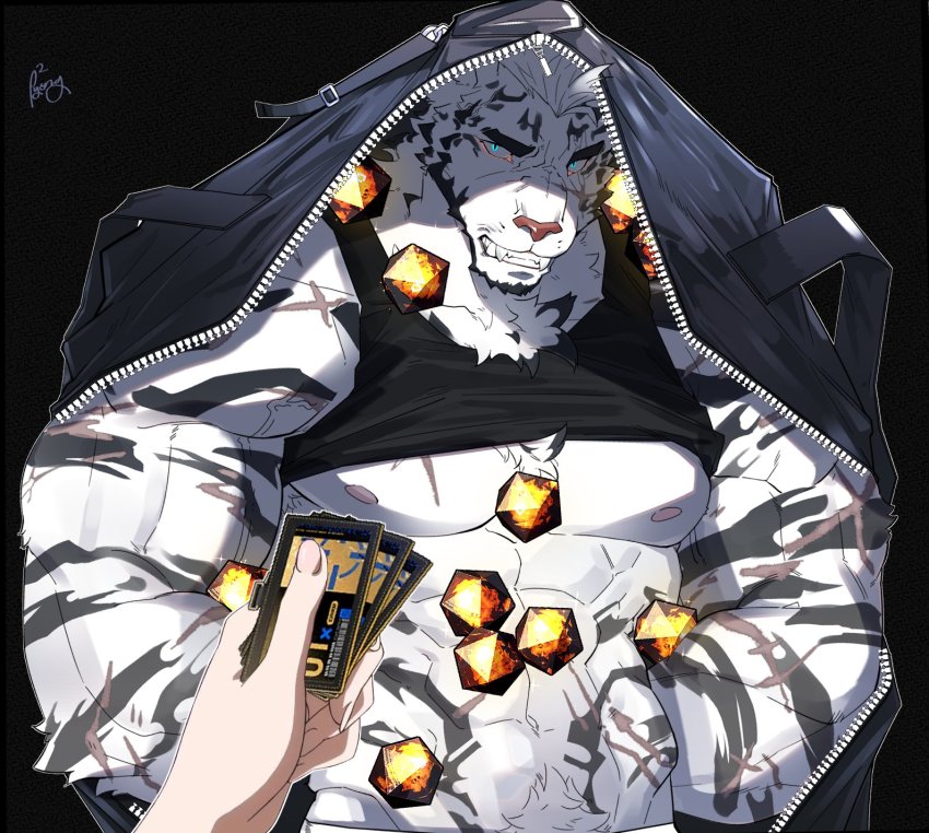 1boy abs animal_ears arknights arms_behind_back bara bare_pectorals black_tank_top blue_eyes bound bound_arms chest_hair chest_tuft clothes_lift frown furry furry_male gameplay_mechanics glowing glowing_eyes headhunting_permit_(arknights) highres large_pectorals male_focus mountain_(arknights) muscular muscular_male navel navel_hair nipples originium_arts_(arknights) pectorals pov ppyong scar scar_across_eye scar_on_arm scar_on_chest scar_on_face shirt_lift short_hair solo_focus stomach summoning tank_top thick_eyebrows tiger_boy tiger_ears unzipped upper_body white_fur white_hair