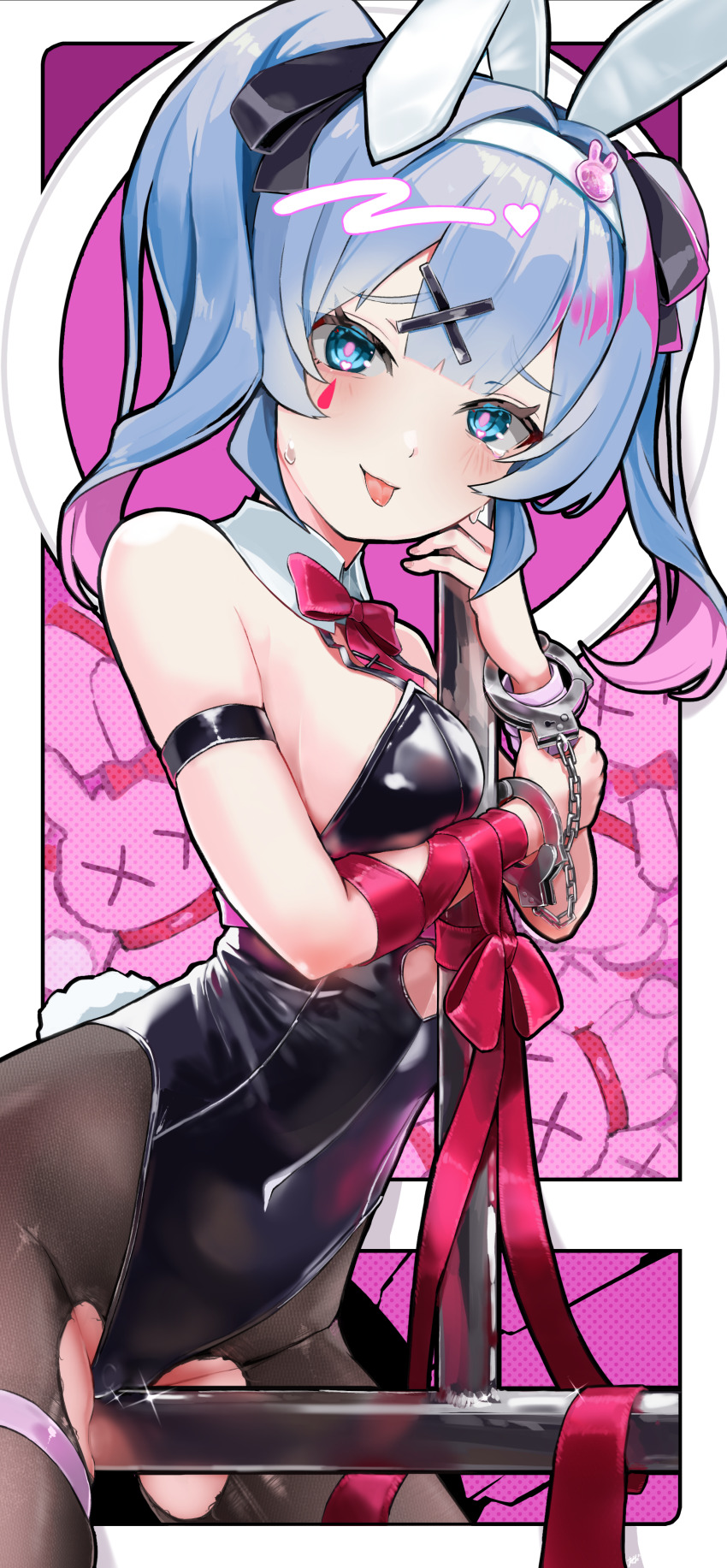 1girl absurdres animal_ears arm_strap black_leotard black_ribbon blue_eyes blue_hair bow bowtie breasts cameltoe clothing_cutout collar colored_inner_hair cuffs detached_collar fake_animal_ears hair_ribbon hairband handcuffs hatsune_miku heart heart_cutout heart_in_eye highres leotard long_hair masada_mode multicolored_hair pantyhose pink_bow pink_bowtie pink_hair pink_ribbon pole rabbit_ears rabbit_hole_(vocaloid) ribbon solo strapless strapless_leotard stripper_pole sweat symbol_in_eye teardrop_facial_mark thigh_strap tongue torn_clothes torn_pantyhose white_collar white_hairband
