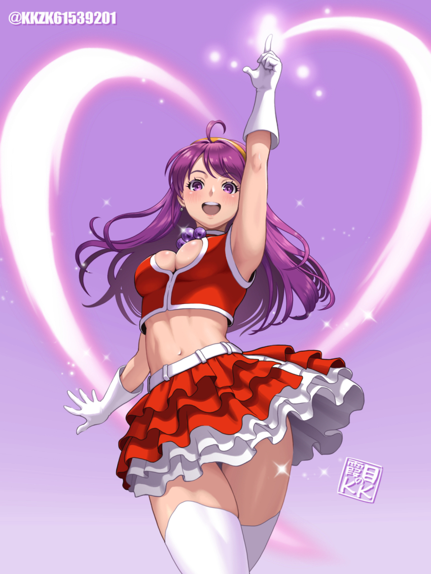 1girl artist_logo asamiya_athena breasts cleavage_cutout clothing_cutout crop_top cropped_shirt earrings fingerless_gloves gloves hair_ornament hairband headband highres jewelry kkzk61539201 large_breasts logo long_hair looking_at_viewer midriff open_mouth purple_eyes purple_hair red_gloves red_hairband skirt smile snk solo spandex star_(symbol) star_hair_ornament the_king_of_fighters the_king_of_fighters_2003