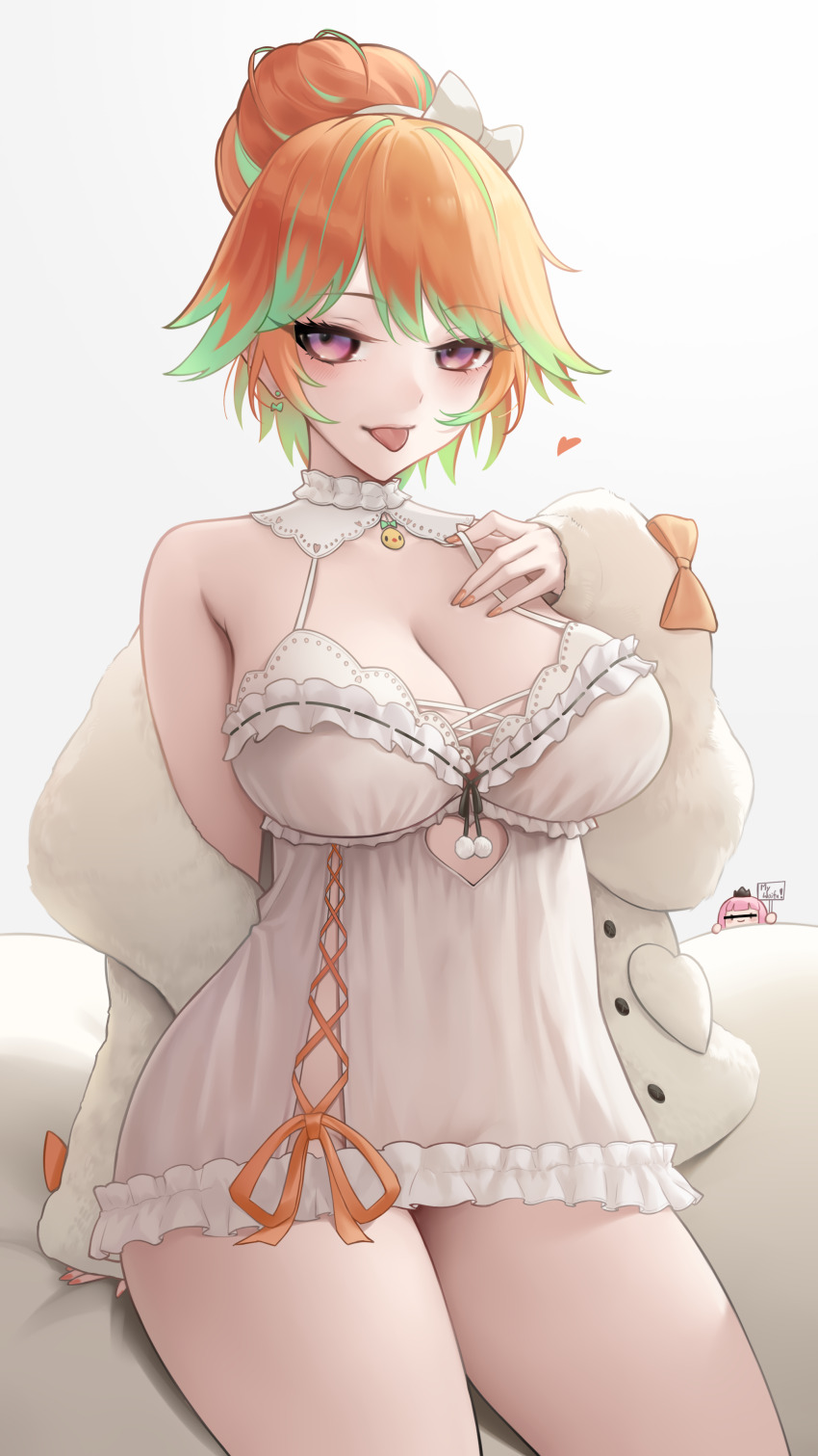 1girl :p absurdres babydoll bow bow_earrings breasts cleavage clothes_down commentary cross-laced_clothes earrings english_commentary fingernails frilled_babydoll fur_jacket gradient_hair green_hair hair_bun heart highres hololive hololive_english jacket jewelry large_breasts looking_at_viewer mori_calliope multicolored_hair nail_polish official_alternate_costume official_alternate_hairstyle orange_hair orange_nails paid_reward_available see-through_babydoll see-through_clothes short_hair single_bare_shoulder single_hair_bun sitting sleepwear smol_calli solo_focus somebody_(leiking00) strap_pull takanashi_kiara takanashi_kiara_(cozy) thighs tongue tongue_out virtual_youtuber white_babydoll white_jacket