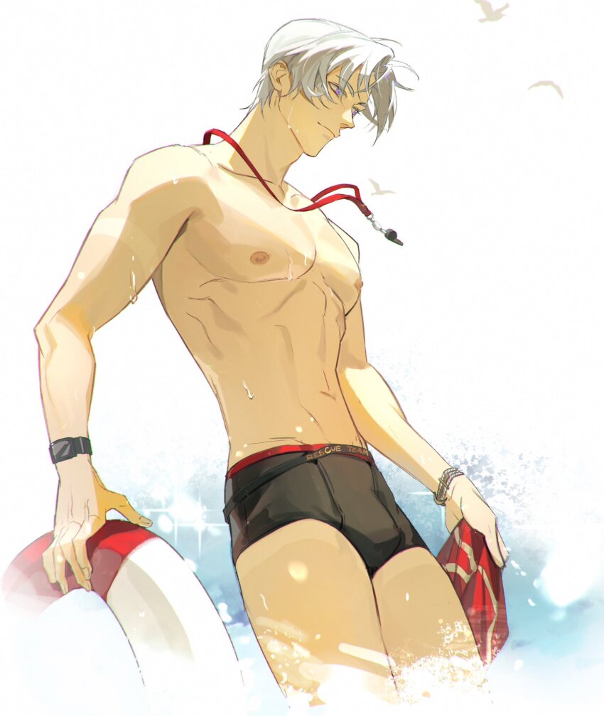 1boy black_male_swimwear bracelet bulge character_request closed_mouth copyright_request cowboy cowboy_shot from_side head_down highres holding_tube jewelry leaning_back light_smile looking_ahead male_focus male_swimwear mian_zi_fangqi_wangxiang navel pectorals purple_eyes shadow short_hair solo toned toned_male topless_male watch western whistle whistle_around_neck white_hair wind wristwatch