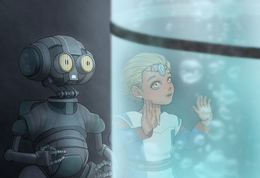 1boy 1girl against_glass android animification azi-3 blonde_hair bubble child commentary_request droid flask hand_on_glass highres jewelry junchan_nyan kamino_(planet) laboratory omega_(star_wars) robot science_fiction scientist star_wars star_wars:_the_bad_batch uniform yellow_eyes