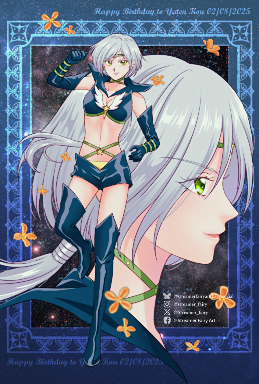 bishoujo_senshi_sailor_moon bishoujo_senshi_sailor_moon_stars black_gloves boots breasts choker circlet elbow_gloves gloves green_eyes highres jewelry koya long_hair magical_girl ponytail sailor_collar sailor_star_healer shorts small_breasts star_(symbol) thighhighs white_hair yaten_kou