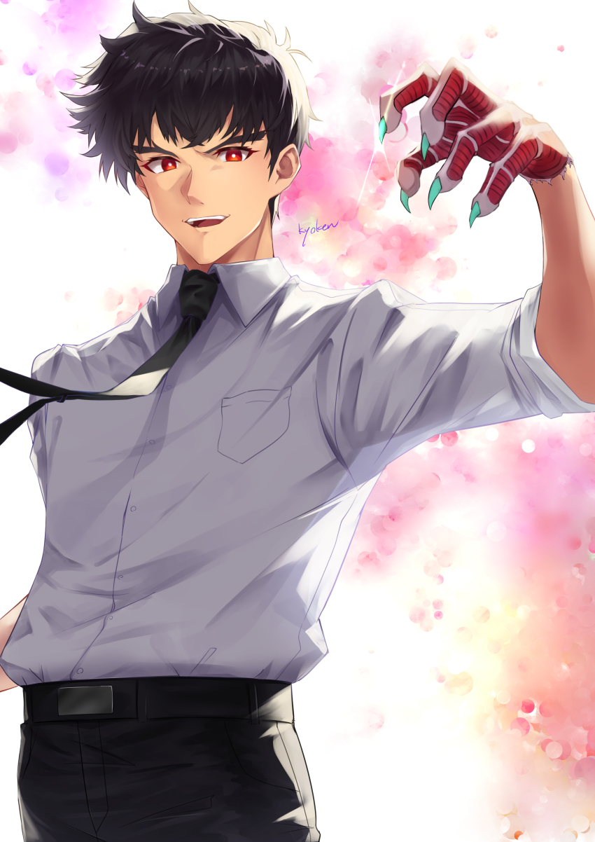 1boy absurdres black_hair black_necktie black_pants claws highres jigoku_sensei_nube kyoken long_sleeves looking_at_viewer male_focus necktie nueno_meisuke open_mouth pants red_eyes shirt short_hair sleeves_rolled_up solo teeth upper_body white_shirt