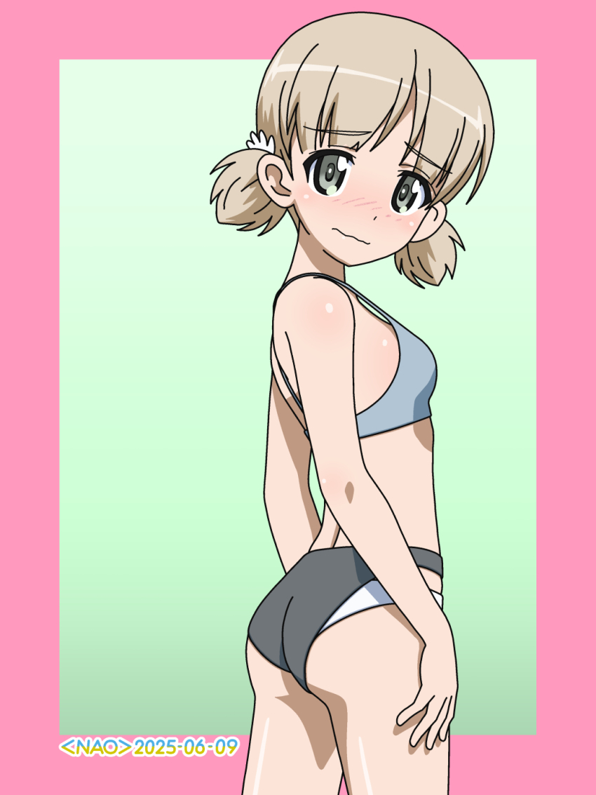 1girl aki_(girls_und_panzer) ass bad_source bikini blonde_hair blush breasts closed_mouth dated girls_und_panzer green_background green_eyes highres keizoku_school_uniform looking_at_viewer naotosi school_uniform short_hair signature simple_background small_breasts solo swimsuit twintails wavy_mouth