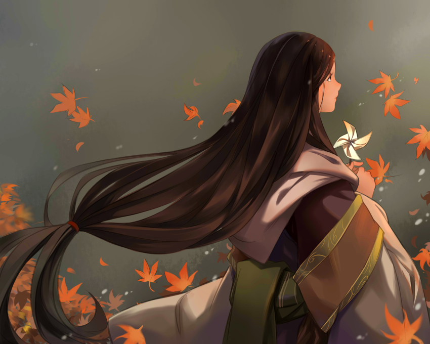 1girl absurdres autumn_leaves banshee_(824947775) black_hair divine_child_of_rejuvenation female_focus from_behind grey_background highres japanese_clothes leaf long_hair low-tied_long_hair pinwheel sekiro:_shadows_die_twice solo very_long_hair wide_sleeves wind