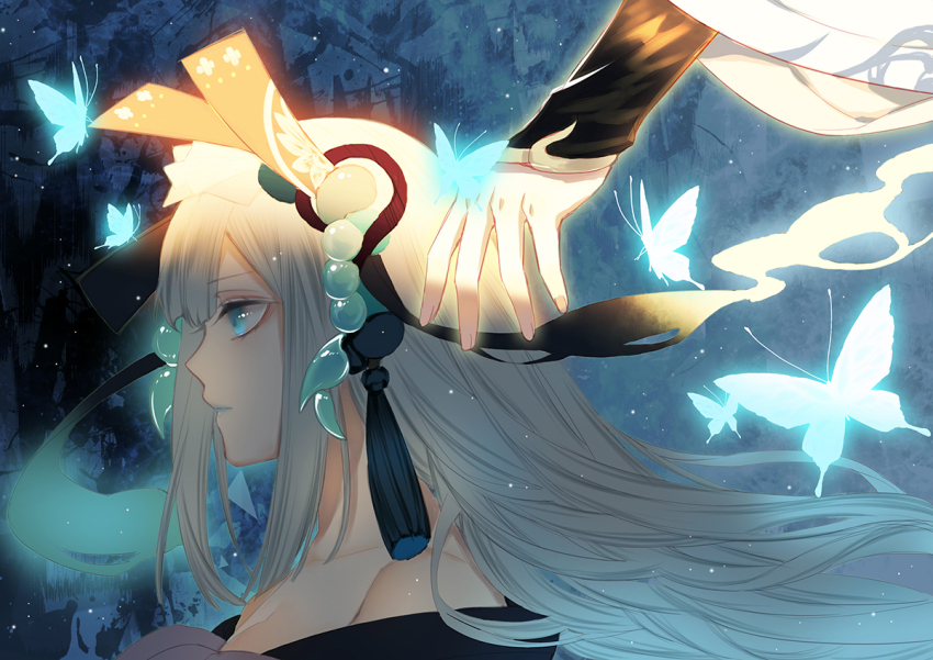 1boy 1girl aoandon bare_shoulders black_kimono blue_background blue_butterfly blue_eyes blue_lips blunt_bangs breasts bug butterfly cleavage closed_mouth collarbone expressionless hair_ornament headdress insect japanese_clothes kimono layered_sleeves lipstick long_hair looking_ahead makeup medium_breasts off_shoulder onmyoji ootengu_(onmyoji) out_of_frame portrait profile qixiang_seren smoke solo solo_focus tassel tassel_hair_ornament white_hair wide_sleeves