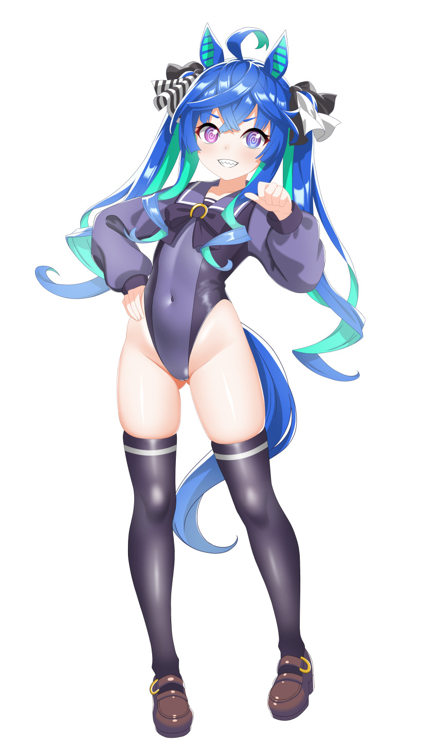 1girl @_@ absurdres adapted_costume ahoge animal_ears aqua_hair blue_eyes blue_hair bow bowtie cameltoe chinese_commentary covered_navel crossed_bangs doctor_in_charge_(zacx5338) full_body gluteal_fold grin hair_bow hand_on_own_hip hand_up heterochromia highleg highleg_leotard highres horse_ears horse_girl horse_tail leotard long_hair long_sleeves looking_at_viewer mary_janes multicolored_hair outline pointing pointing_at_self purple_bow purple_bowtie purple_eyes purple_leotard purple_sailor_collar sailor_collar school_uniform sharp_teeth shoes sidelocks smile solo standing striped_bow tail teeth thighhighs tracen_school_uniform transparent_background twin_turbo_(umamusume) twintails two-tone_hair umamusume v-shaped_eyebrows very_long_hair white_outline