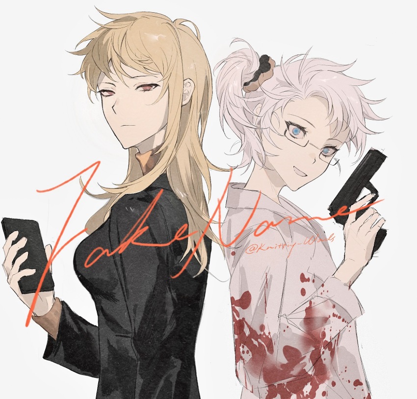 2girls atou_haruki back-to-back black_jacket blood blood_on_clothes blue_eyes breasts brown_shirt chinese_commentary closed_mouth commentary_request constricted_pupils donut_hair_ornament food-themed_hair_ornament genderswap genderswap_(mtf) glasses grey_background gun hair_ornament handgun highres holding holding_gun holding_weapon jacket kanou_aogu long_hair long_sleeves medium_breasts multiple_girls open_mouth ponytail rectangular_eyewear red_eyes saibou_shinkyoku semi-rimless_eyewear shirt short_hair simple_background smile watermark weapon white_background white_hair white_jacket zhiyanpianyu55126
