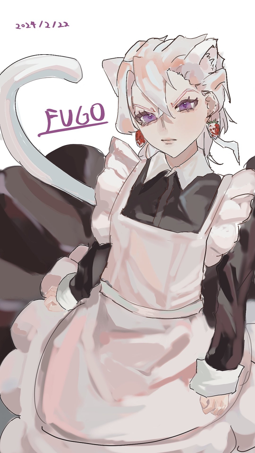 1boy albino alternate_costume animal_ears apron cat_boy cat_ears cat_tail crossdressing earrings eyelashes food-themed_earrings food_themed_earrings highres jewelry jojo_no_kimyou_na_bouken long_sleeves maid maid_apron male_focus pannacotta_fugo purple_eyes strawberry_earrings tail trap user_hyrs5478 vento_aureo white_hair