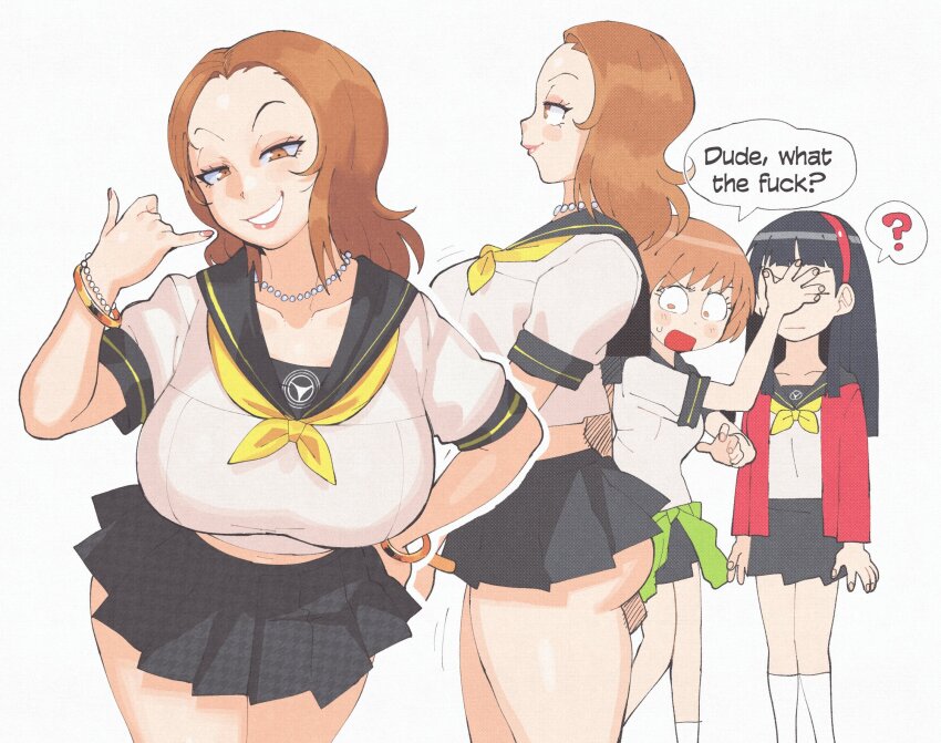 3girls ? alternate_costume amagi_yukiko ass black_hair black_sailor_collar black_skirt blunt_bangs blunt_ends bob_cut bracelet breasts brown_eyes brown_hair cardigan clothes_around_waist covering_another&#039;s_eyes cowboy_shot crop_top cropped_shirt english_text gold_bracelet grin hairband half-closed_eyes hand_on_own_hip hand_over_another&#039;s_eyes hands_on_another&#039;s_face highres inkerton-kun jacket jacket_around_waist jewelry kashiwagi_noriko kneehighs large_breasts light_blush lipstick long_hair makeup medium_hair microskirt miniskirt multiple_bracelets multiple_girls neckerchief necklace pearl_bracelet pearl_necklace persona persona_4 pleated_skirt red_cardigan red_hairband sailor_collar satonaka_chie school_uniform shaka_sign shirt short_hair short_sleeves skirt smile socks solo_focus speech_bubble spoken_question_mark surprised white_shirt white_socks wide-eyed yasogami_school_uniform yellow_neckerchief