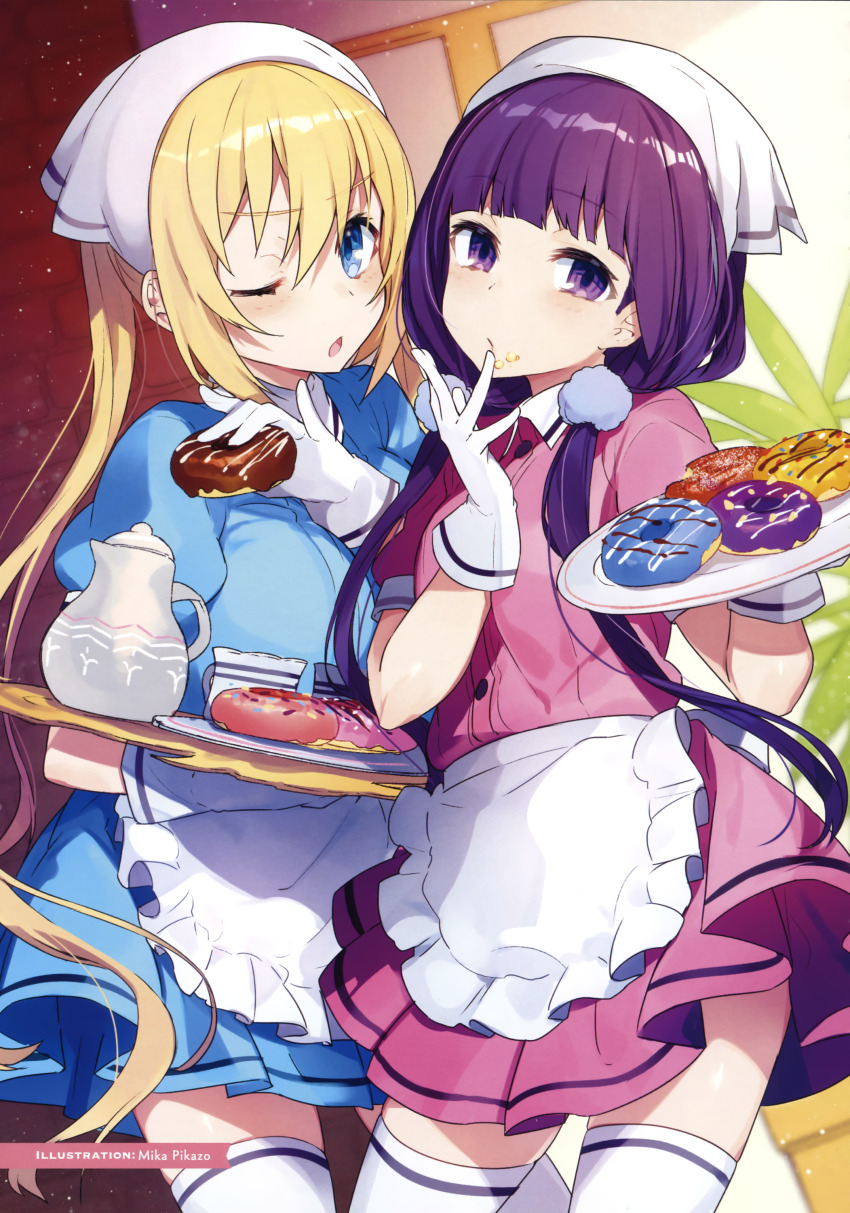 2girls absurdres apron artist_name blend_s blonde_hair blue_eyes blush closed_mouth color_issue cowboy_shot donut dress food food_on_face gloves hand_up headscarf highres hinata_kaho holding holding_plate holding_tray light_particles long_hair looking_at_viewer low_twintails maid mika_pikazo multiple_girls one_eye_closed parted_lips pink_dress plate purple_eyes purple_hair sakuranomiya_maika short_sleeves standing stile_uniform thighhighs tray twintails very_long_hair waist_apron waitress white_apron white_gloves white_headscarf white_thighhighs