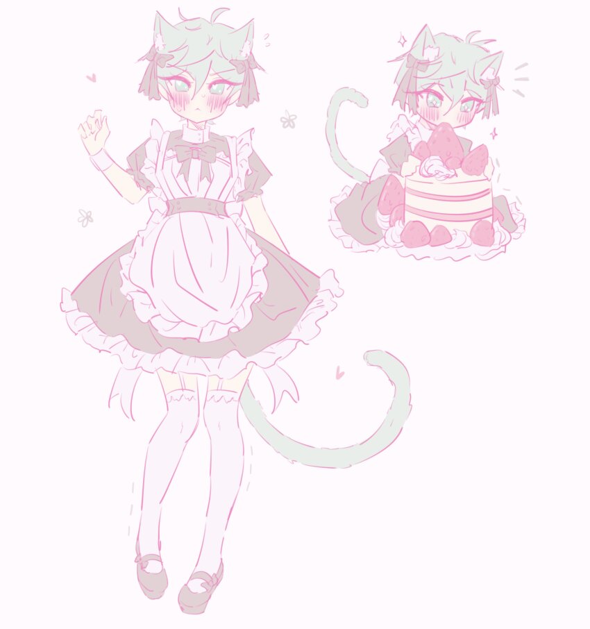 +_+ 1boy :&lt; absurdres ahoge alien_stage animal_ear_fluff animal_ears apron back_bow black_bow black_dress black_ribbon black_sandals blush bow cake cat_tail closed_mouth dress flower flying_sweatdrops food frilled_apron frilled_dress frills fruit full_body green_eyes green_hair green_tail hair_between_eyes hair_ribbon hand_up heart highres kemonomimi_mode maid maid_apron multiple_views plate ribbon rinrin_(wuvpyon) sandals short_hair simple_background solo sparkle strawberry strawberry_shortcake tail thighhighs till_(alien_stage) white_apron white_background white_bow white_thighhighs