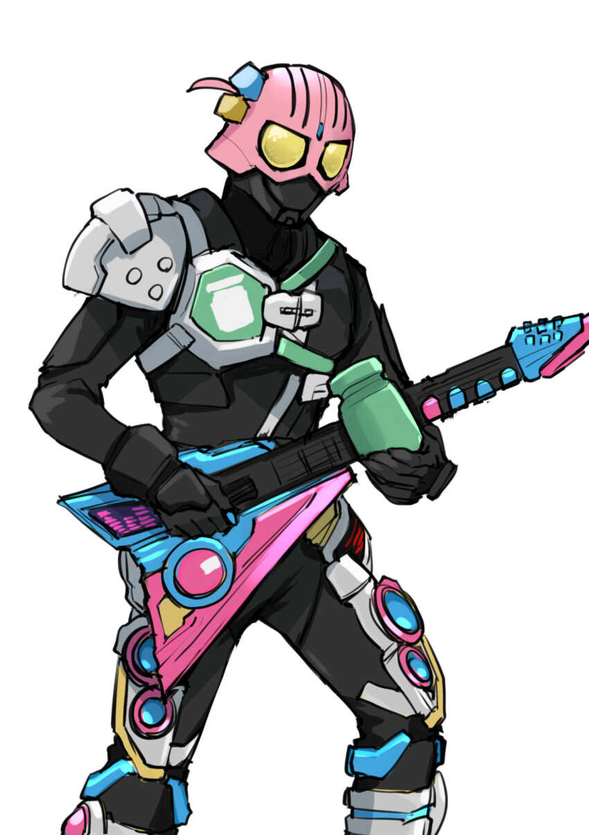 1girl ahoge armor beat_axe beat_buckle black_bodysuit black_gloves bocchi_the_rock! bodysuit commentary_request gloves gotoh_hitori guitar highres holding holding_jar instrument jar kamen_rider kamen_rider_geats_(series) leg_armor music playing_instrument season_connection shoulder_armor somechime_(sometime1209) speaker standing yellow_eyes
