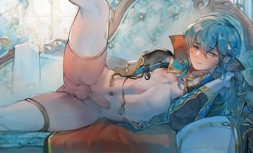 1boy :p absurdres anus arm_behind_back blue_eyes blue_hair blurry blush borrowed_clothes byefrog cape censored cock_ring collared_cape couch erection fire_emblem fire_emblem:_genealogy_of_the_holy_war foreskin from_side gloves groin groin_tendon hair_between_eyes highres leg_up long_hair looking_at_viewer male_focus navel nintendo nose_blush nude on_couch open_clothes penis perineum popped_collar puffy_nipples raised_eyebrows red_cape seliph_(fire_emblem) sex_toy shiny_skin skindentation smile solo spread_legs tassel testicles thighhighs thighs tongue tongue_out trap variant_set white_gloves white_thighhighs window
