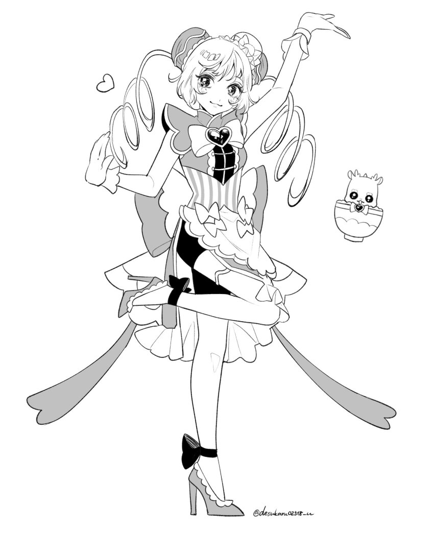 1girl :3 ankle_ribbon arm_up bike_shorts blush bow bowl bowtie brooch bun_cover commentary corset creature cure_yum-yum delicious_party_precure double_bun dress drill_hair gi!_(desukaru02518_u) gloves greyscale hair_bun hanamichi_ran hand_up heart heart_brooch high_heels highres jewelry leg_ribbon looking_at_viewer mem-mem_(precure) monochrome precure ribbon short_dress side_slit sleeveless sleeveless_dress solo standing standing_on_one_leg symbol-only_commentary twintails twitter_username