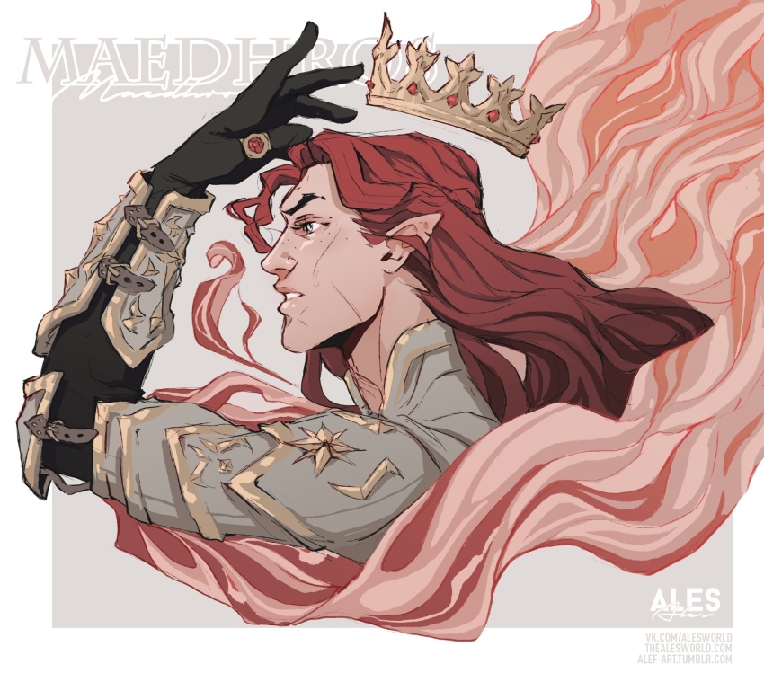 1boy ales arm_up armor artist_logo black_gloves blue_eyes border bracer braid buckle character_name colored_smoke crown elf facial_scar floating_crown frown gloves grey_shirt half_up_braid highres jewelry logo long_hair maedhros male_focus notched_ear open_mouth pale_background pointed_crown pointy_ears profile red_hair ring scar scar_on_cheek scar_on_face shirt shoulder_armor simple_background smoke solo the_silmarillion thumb_ring tolkien&#039;s_legendarium white_border