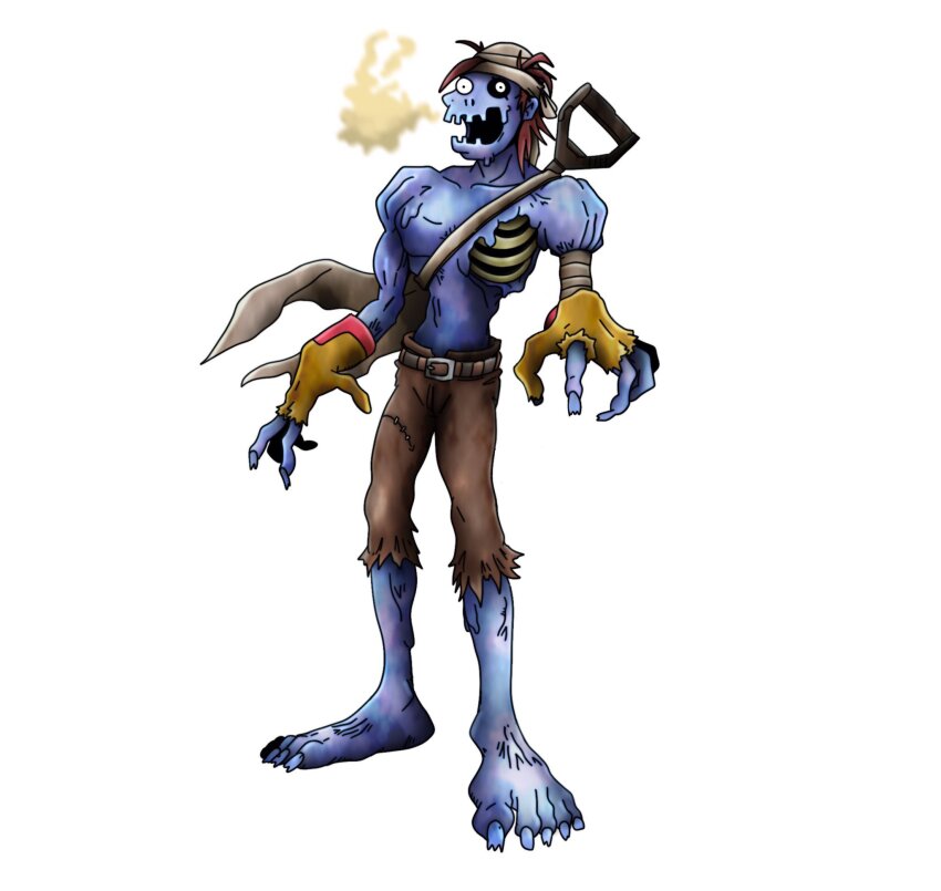 bandages belt digimon digimon_(creature) gloves highres legendz legendz_(creature) open_mouth original shovel simple_background skeleton white_background zombie zombie_(legendz)