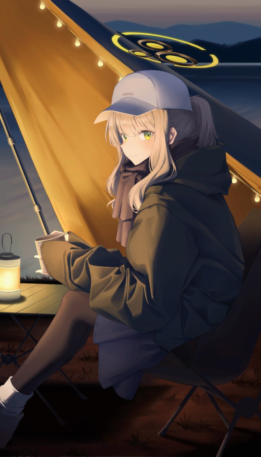 1girl absurdres black_pantyhose black_scarf blue_archive blunt_bangs blush camping closed_mouth coat commentary evening feet_out_of_frame from_side gaoqiaoyuyin_takahashi green_coat green_eyes grey_hair halo hare_(blue_archive) hare_(camp)_(blue_archive) hat highres hood hood_down hooded_coat lantern long_hair looking_at_viewer official_alternate_costume on_chair outdoors pantyhose peaked_cap ponytail scarf sidelocks sitting sleeves_past_wrists smile solo split_mouth tent underlighting white_hat yellow_halo