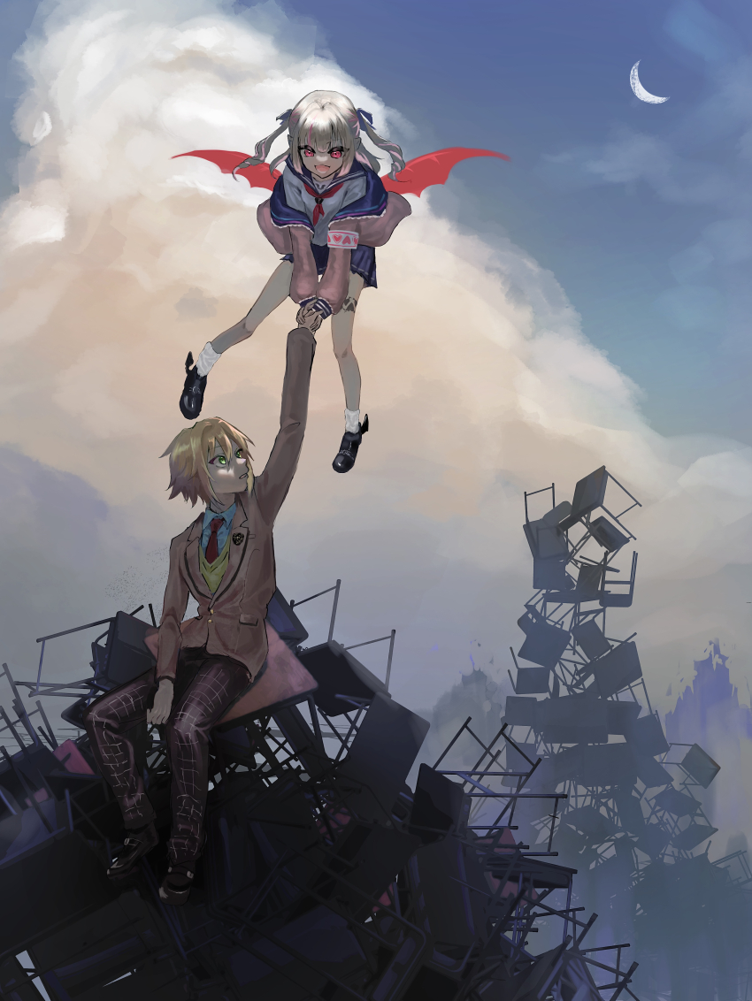 1boy 1girl absurdres blazer blonde_hair blue_sailor_collar brown_jacket cloud collared_shirt commentary_request crescent_moon demon_wings desk flying full_body green_eyes hair_between_eyes hair_ribbon highres holding_hands jacket karuitori lifting_person long_hair long_sleeves looking_at_another looking_up makaino_ririmu makaino_ririmu_(4th_costume) moon multicolored_hair neckerchief necktie nijisanji open_mouth outdoors pants pink_hair pink_jacket red_neckerchief red_necktie ribbon sailor_collar school_desk school_uniform shirt short_hair sitting sky smile stack streaked_hair sweater_vest uzuki_kou uzuki_kou_(3rd_costume) virtual_youtuber white_shirt wings