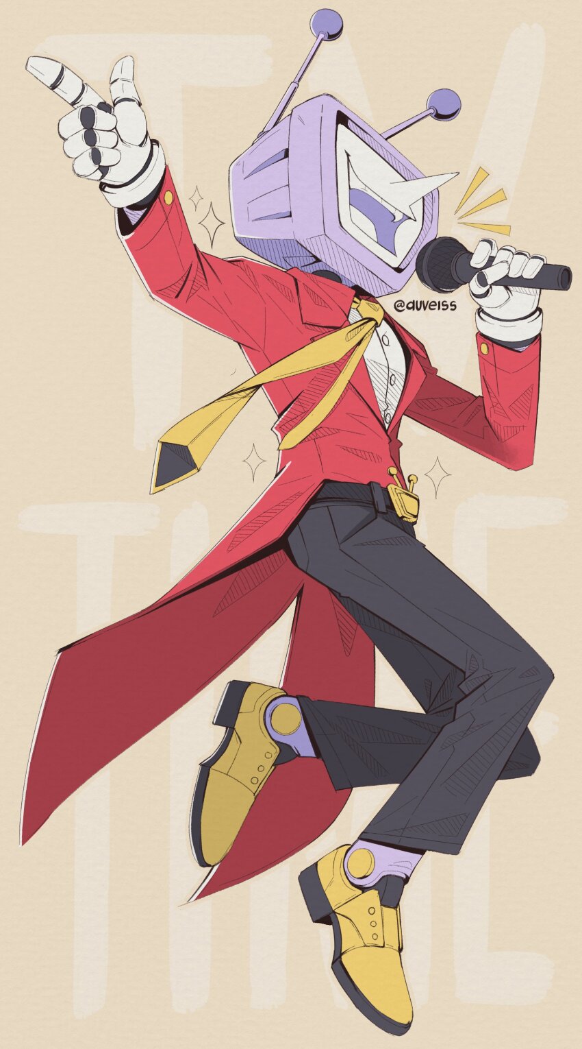 1boy absurdres ant_tenna auveiss belt black_belt black_pants commentary crt deltarune english_commentary full_body gloves highres holding holding_microphone humanoid_robot male_focus microphone necktie object_head pants pointy_nose robot shirt shoes smile solo sparkle tailcoat teeth twitter_username white_gloves white_shirt yellow_necktie yellow_shoes