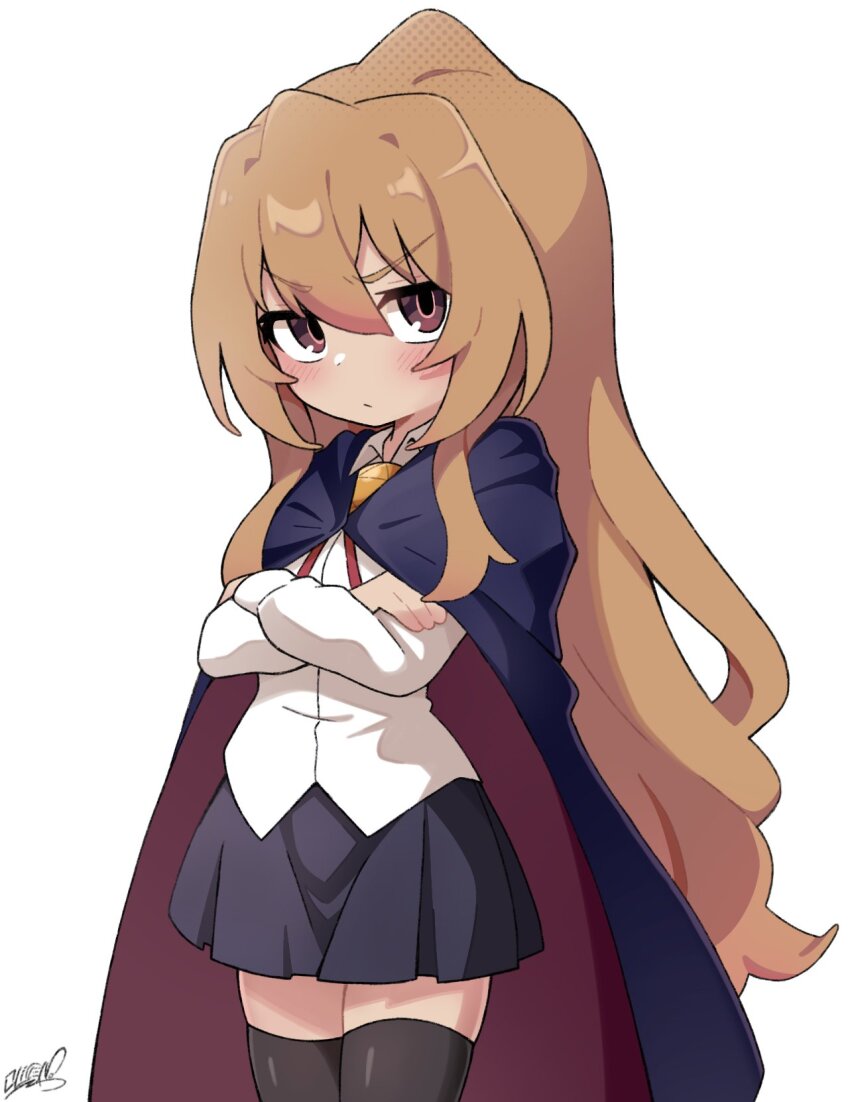 1girl aisaka_taiga angry black_cape black_skirt black_thighhighs blush brooch brown_eyes brown_hair cape closed_mouth collared_shirt commentary cosplay cowboy_shot crossed_arms dot_nose dress_shirt flipped_hair furrowed_brow hair_between_eyes halftone highres jewelry koonowen long_hair long_sleeves looking_at_viewer louise_francoise_le_blanc_de_la_valliere louise_francoise_le_blanc_de_la_valliere_(cosplay) miniskirt necktie pleated_skirt red_necktie rie_kugimiya shirt sidelocks signature simple_background skirt solo standing straight_hair thighhighs toradora! very_long_hair voice_actor_connection white_background white_shirt zero_no_tsukaima zettai_ryouiki