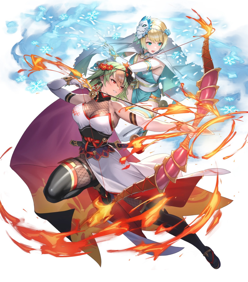 2girls alternate_costume arrow_(projectile) black_thighhighs blonde_hair blue_eyes blue_hair bow_(weapon) breasts capelet cleavage cuboon dark-skinned_female dark_skin elbow_gloves female_focus fire fire_emblem fire_emblem_heroes fishnets fjorm_(fire_emblem) full_body gloves gradient_clothes gradient_hair green_hair highres holding holding_bow_(weapon) holding_weapon japanese_clothes kodachi kunai laegjarn_(fire_emblem) large_breasts mask mask_on_head multicolored_hair multiple_girls ninja nintendo non-web_source obi official_alternate_costume official_art open_mouth orange_hair parted_lips red_eyes sandals sash sheath sheathed short_hair short_sword sleeveless smile snowflakes sword thighhighs transparent_background two-tone_hair weapon white_thighhighs