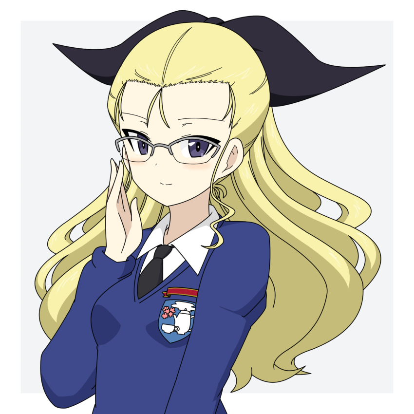 1girl adjusting_eyewear assam_(girls_und_panzer) bespectacled black_necktie black_ribbon blonde_hair blue_eyes blue_sweater closed_mouth commentary_request dress_shirt emblem girls_und_panzer glasses grey-framed_eyewear grey_background hair_pulled_back hair_ribbon highres ichinose_jun long_hair long_sleeves looking_at_viewer necktie over-rim_eyewear partial_commentary ribbon school_uniform semi-rimless_eyewear shirt smile solo st._gloriana&#039;s_(emblem) st._gloriana&#039;s_school_uniform sweater v-neck white_shirt wing_collar