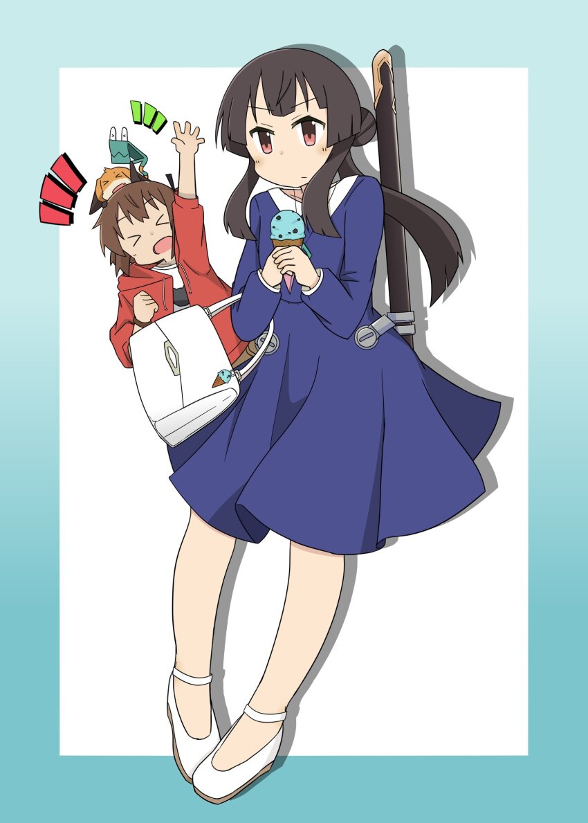 &gt;_&lt; 2girls alternate_hairstyle aqua_border arm_up bag black_hair blue_dress blush border brown_hair closed_mouth creature creature_on_head dress etou_kanami flats food full_body gradient_border hair_bun handbag highres holding holding_food holding_ice_cream hood hood_down hooded_jacket ice_cream jacket juujou_hiyori katana kazuemon long_hair long_sleeves looking_at_viewer mint_chocolate mint_chocolate_(razschi) multiple_girls nene_(toji_no_miko) notice_lines open_clothes open_jacket open_mouth outside_border red_eyes red_jacket sheath sheathed shirt shoes short_hair simple_background standing sword toji_no_miko v-shaped_eyebrows weapon white_background white_bag white_shirt white_shoes