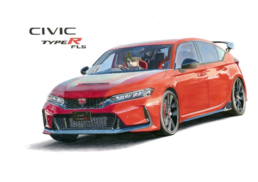 1boy brown_hair car driving frown highres honda honda_civic honda_civic_type_r looking_ahead motor_vehicle original red_car right-hand_drive shadow short_hair simple_background spoiler_(automobile) sumakun vehicle_focus vehicle_name white_background